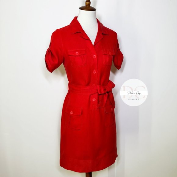BANANA REPUBLIC Linen & Silk Red Shirt Mini Dress Size 0 - Picture 2 of 10
